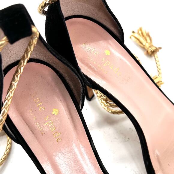 Kate Spade Inez Heels 9.5 Black Suede Sandals Ankle Wrap Gold Braid Bow Glam - Picture 9 of 10